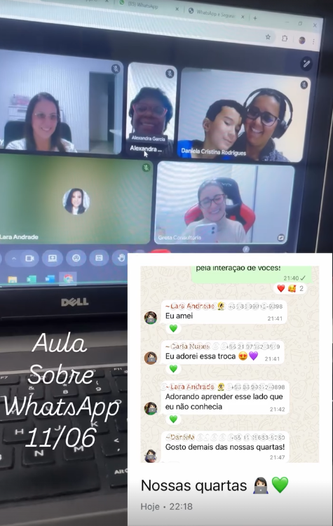 Print da aula ao vivo sobre WhatsApp com mensagens de alunas: "Eu amei", "Adorei essa troca", "Gosto demais das nossas quartas!"