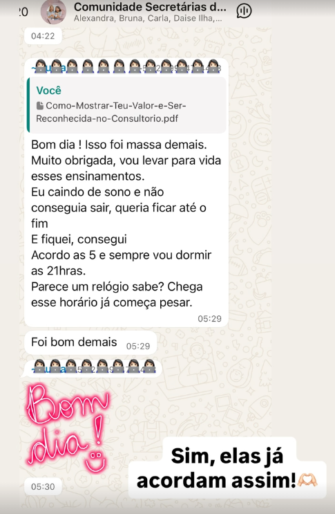 Print da comunidade de secretárias no WhatsApp: "Isso foi massa demais. Muito obrigada, vou levar para vida esses ensinamentos. Foi bom demais."