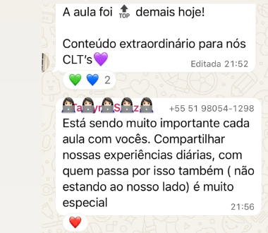 Print de mensagem de aluna: "A aula foi top demais hoje! Conteúdo extraordinário para nós CLTs. Está sendo muito importante cada aula com vocês."