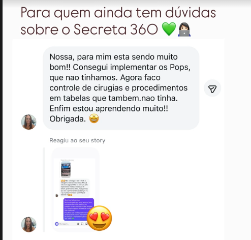 Print de mensagem de aluna: "Consegui implementar os POPs, que não tínhamos. Agora faço controle de cirurgias e procedimentos. Estou aprendendo muito!! Obrigada."
