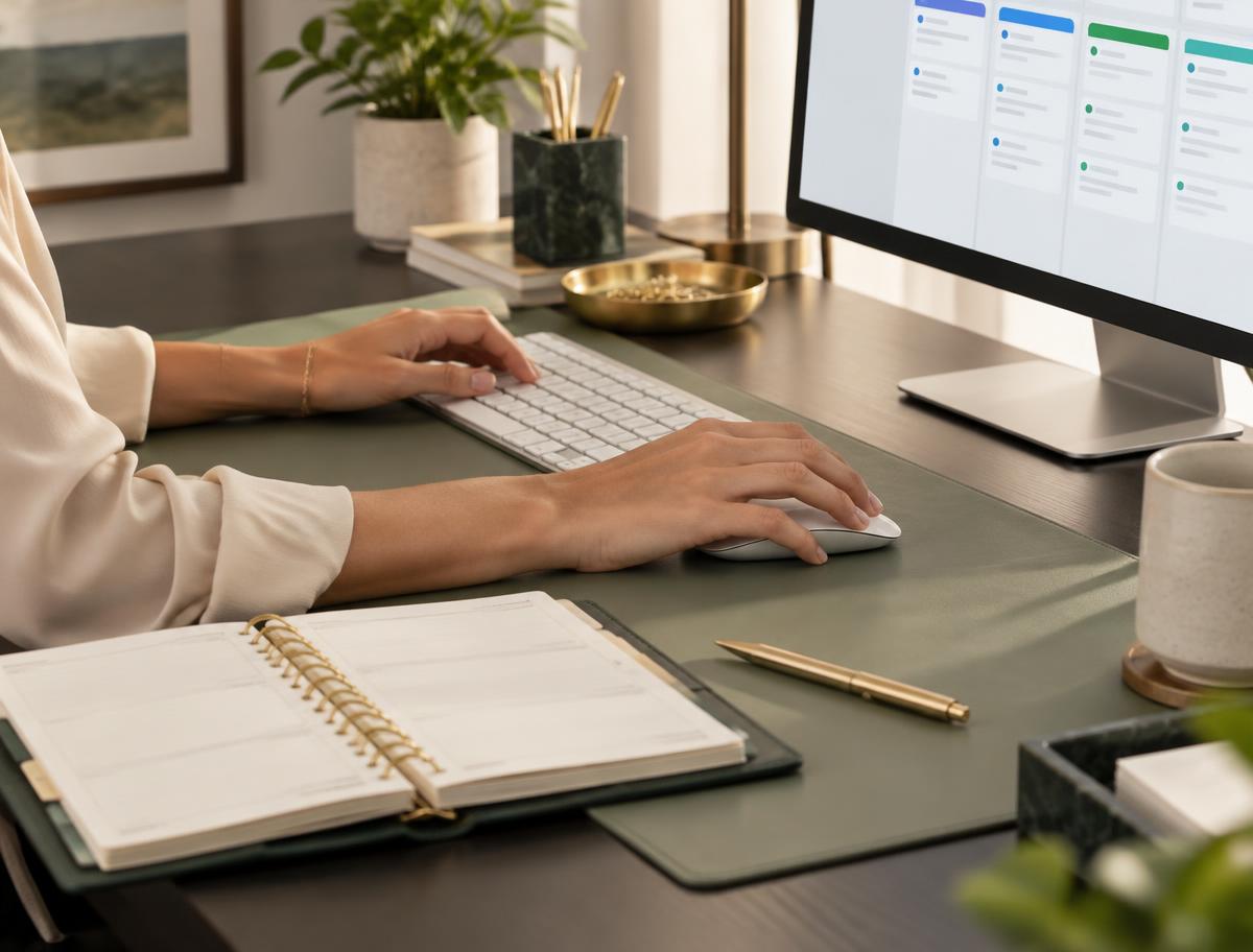 Mãos organizando a rotina de atendimento com agenda e CRM no computador
