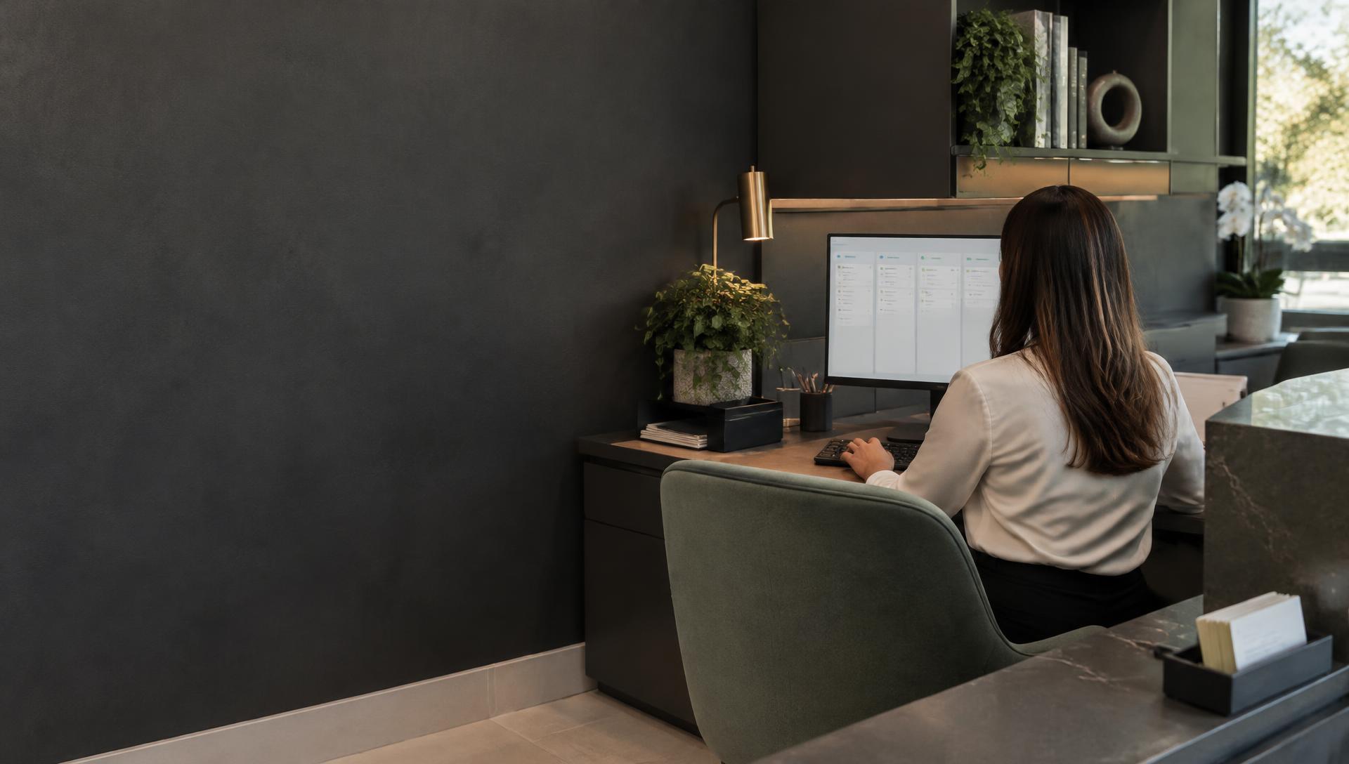 Secretária vista de costas organizando os atendimentos no computador de uma recepção